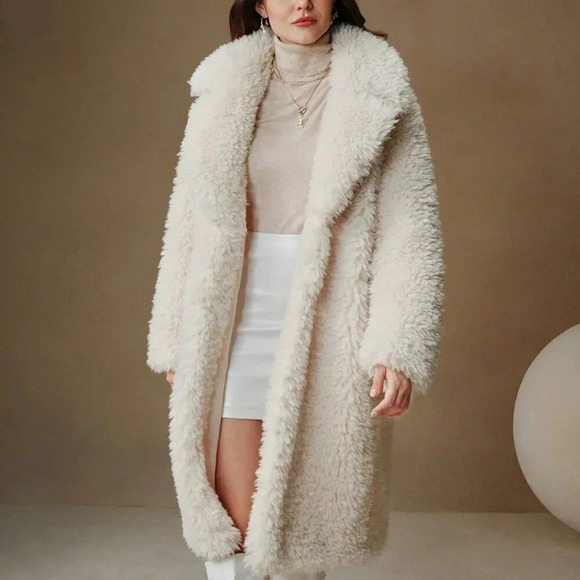 Beige Casual Women's Fluffy Faux Fur Long Classic Versatile Coat - Picture 2 of 5